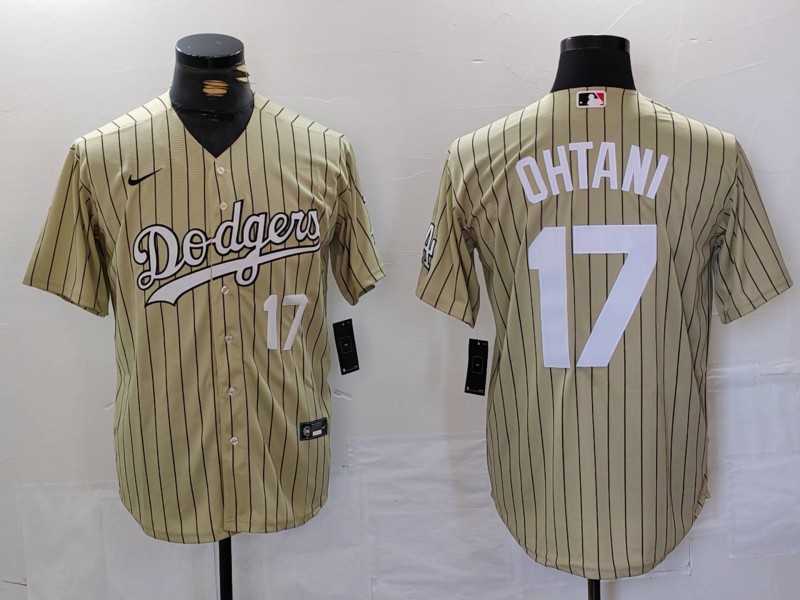 Men%27s Los Angeles Dodgers #17 Shohei Ohtani Number Cream Pinstripe Cool Base Stitched Jersey->los angeles dodgers->MLB Jersey